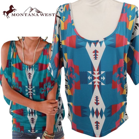 Montana West Tops - MONTANA WEST Aztec Southwest Print Cold Shoulder T Shirt Top M-XL NWT